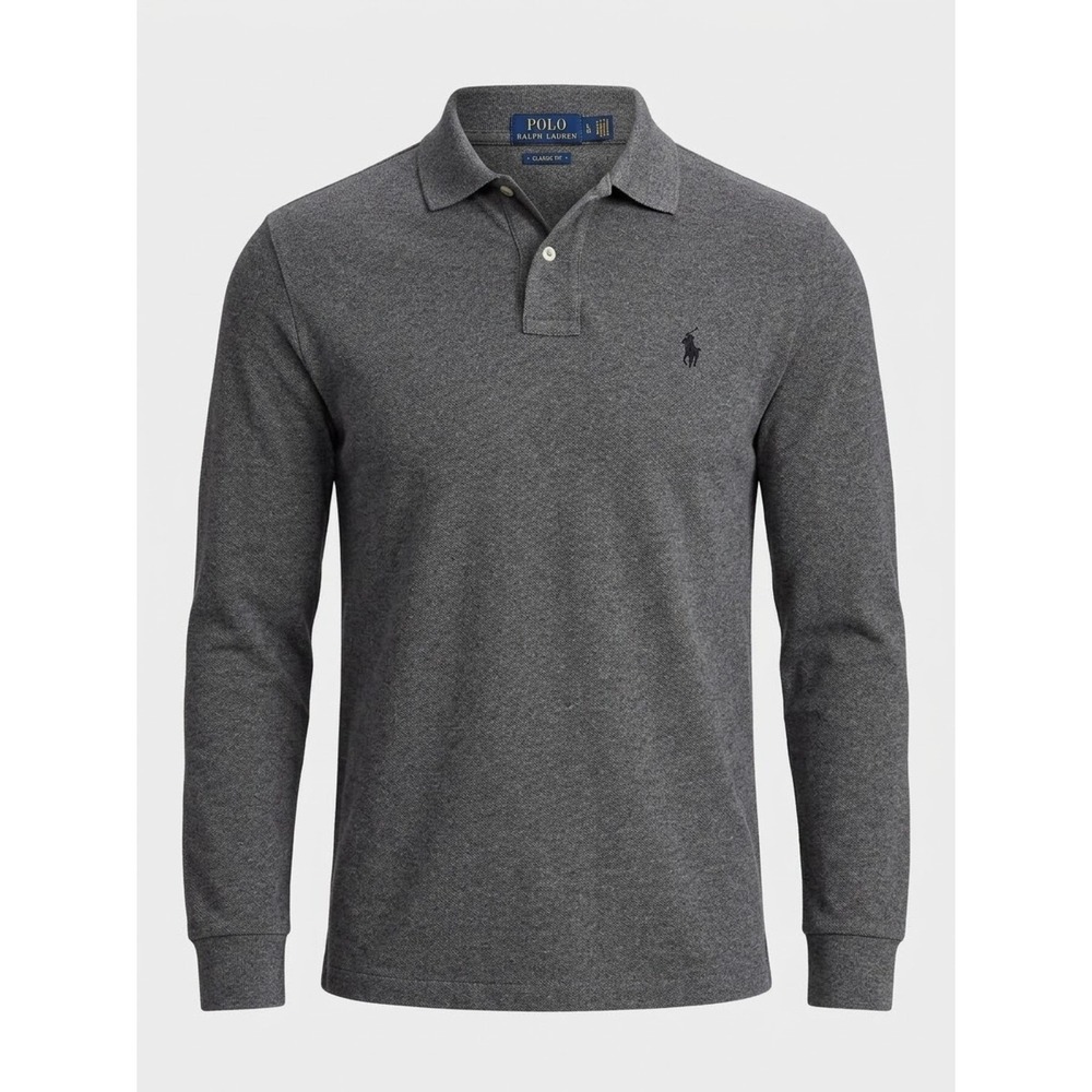 Polo Ralph Lauren Grey Classic Fit Long Sleeve Mesh Polo L Quiet Luxury Preppy